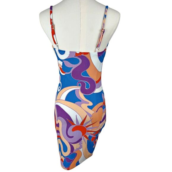 Forever 21 Bodycon Retro Swirl Psychedelic Dress SMALL SOFT! Adjustable Rave - Picture 3 of 9